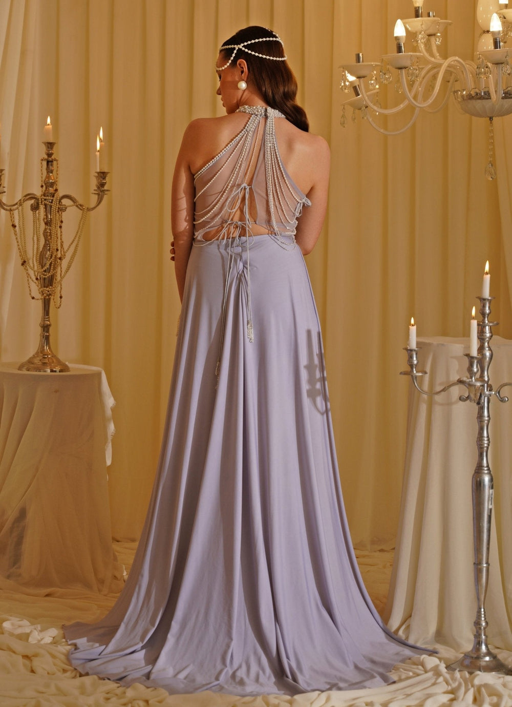 Grey Embroidered Draped Gown Jade by Ashima - Fabilicious Fashion
