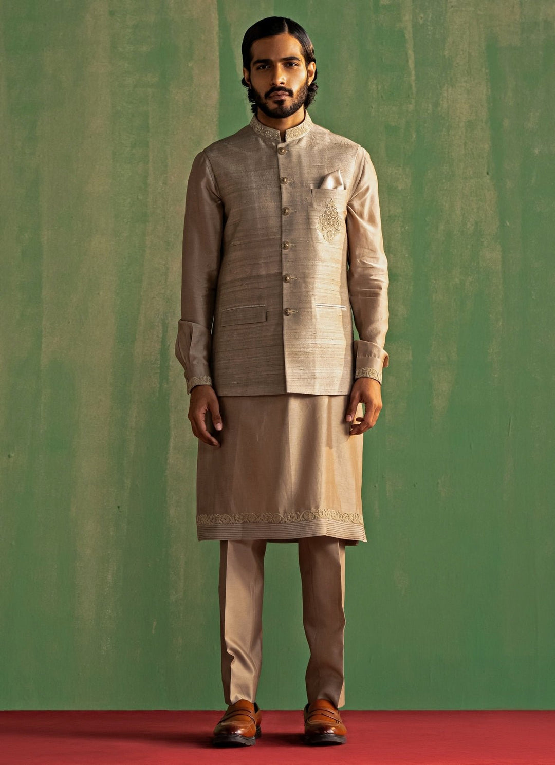 Grey Embroidered Kurta Bundi Set Studio Bagechaa - Men - Fabilicious Fashion