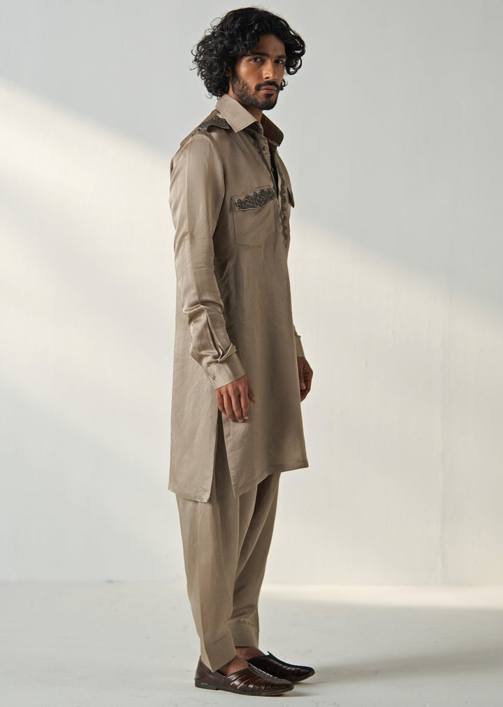 Grey Embroidered Pathani Kurta Set Studio Bagechaa - Men - Fabilicious Fashion