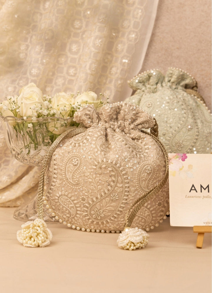 Grey Embroidered Potli AMYRA - Fabilicious Fashion