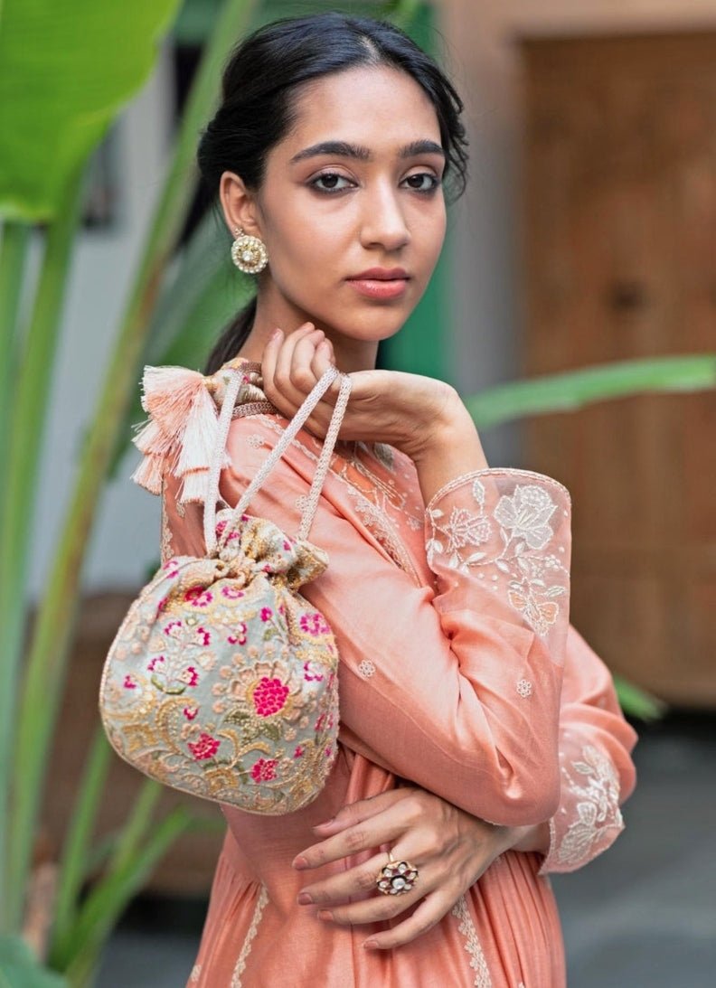 Grey Embroidered Potli AMYRA - Fabilicious Fashion