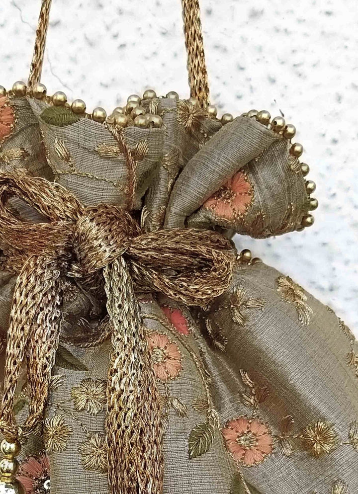 Grey Embroidered Potli AMYRA - Fabilicious Fashion