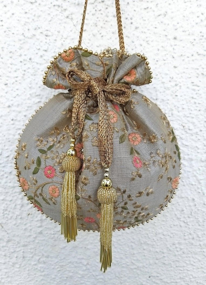 Grey Embroidered Potli AMYRA - Fabilicious Fashion