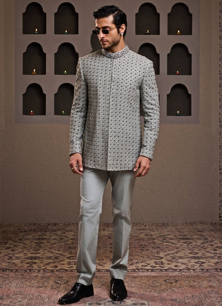 Nitika Gujral - Men Grey Embroidered Raw Silk Jodhpuri SetFabilicious Fashion