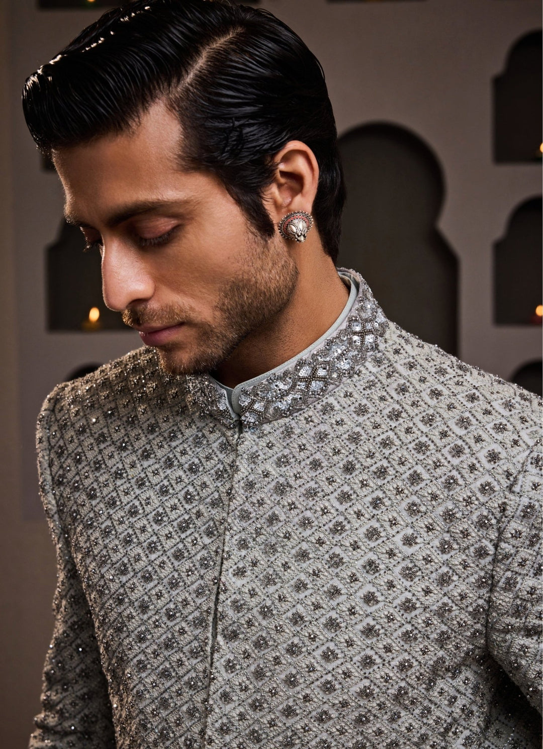 Nitika Gujral - Men Grey Embroidered Raw Silk Jodhpuri SetFabilicious Fashion