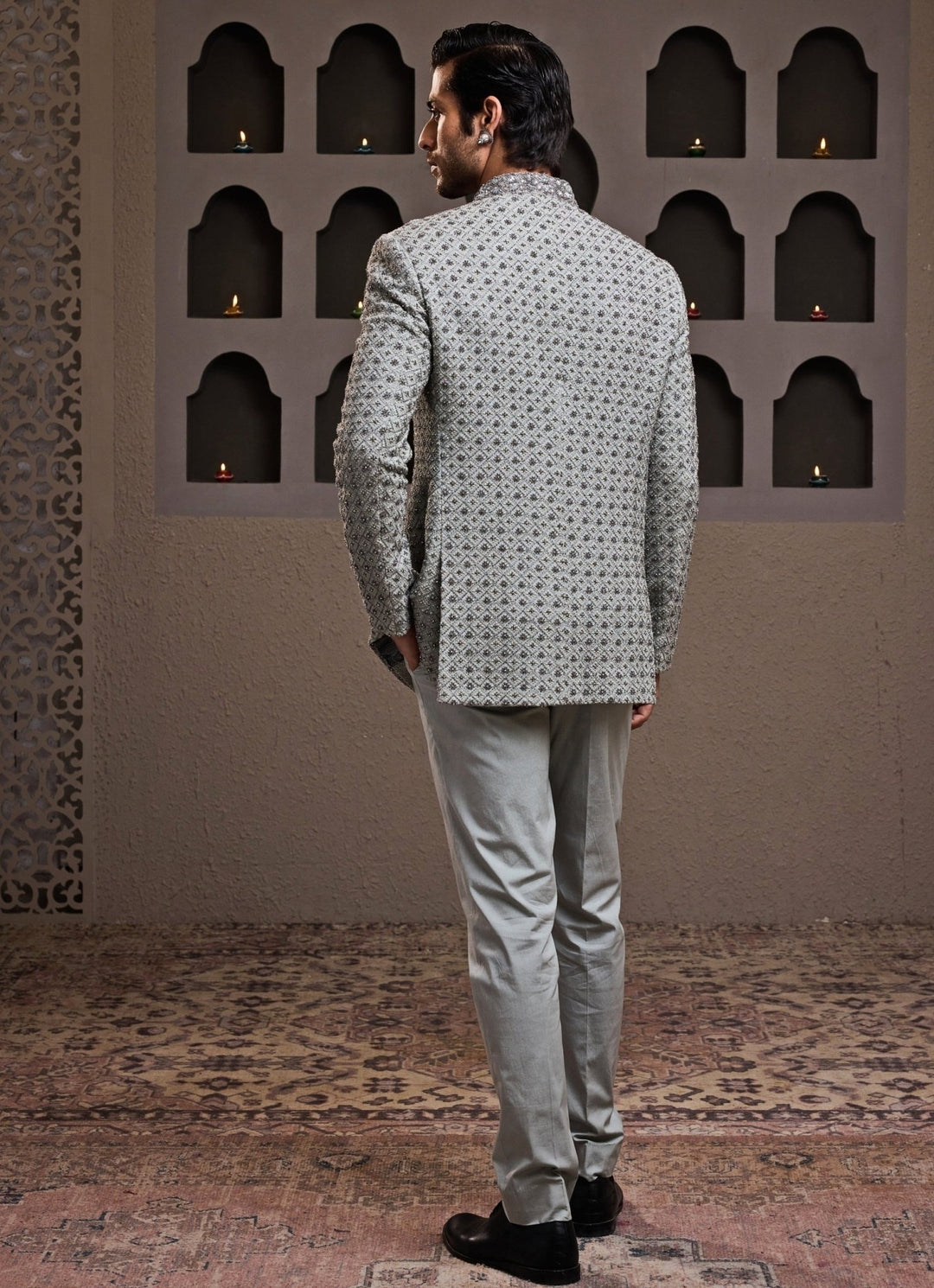 Nitika Gujral - Men Grey Embroidered Raw Silk Jodhpuri SetFabilicious Fashion