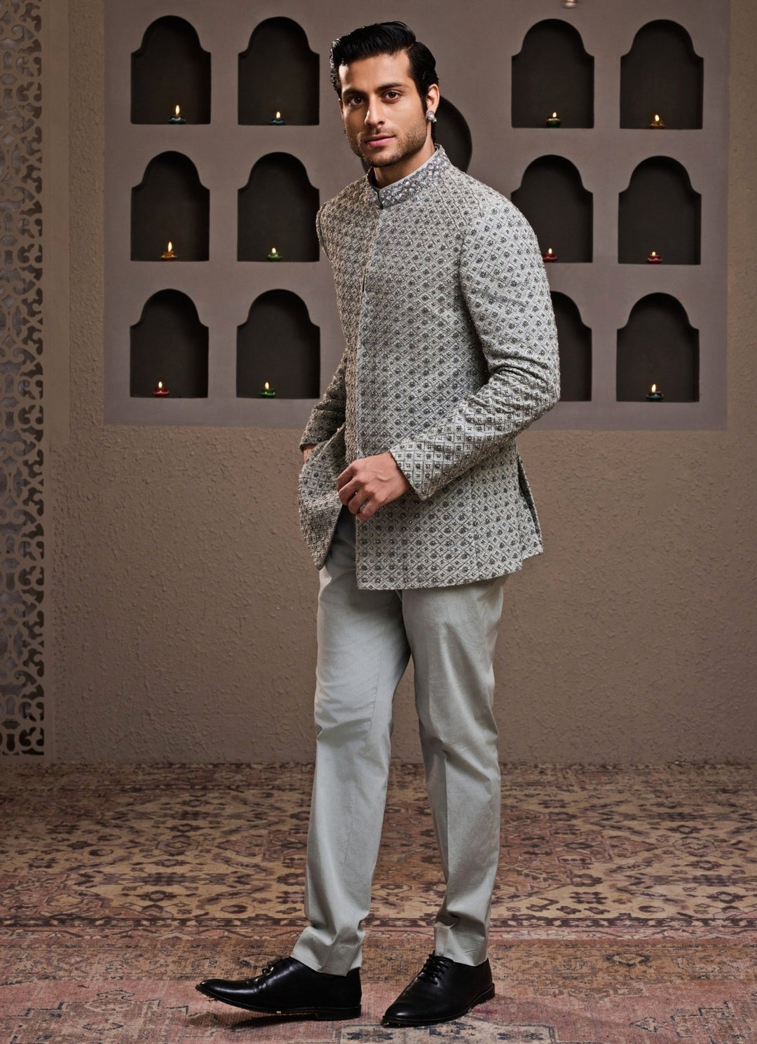 Nitika Gujral - Men Grey Embroidered Raw Silk Jodhpuri SetFabilicious Fashion
