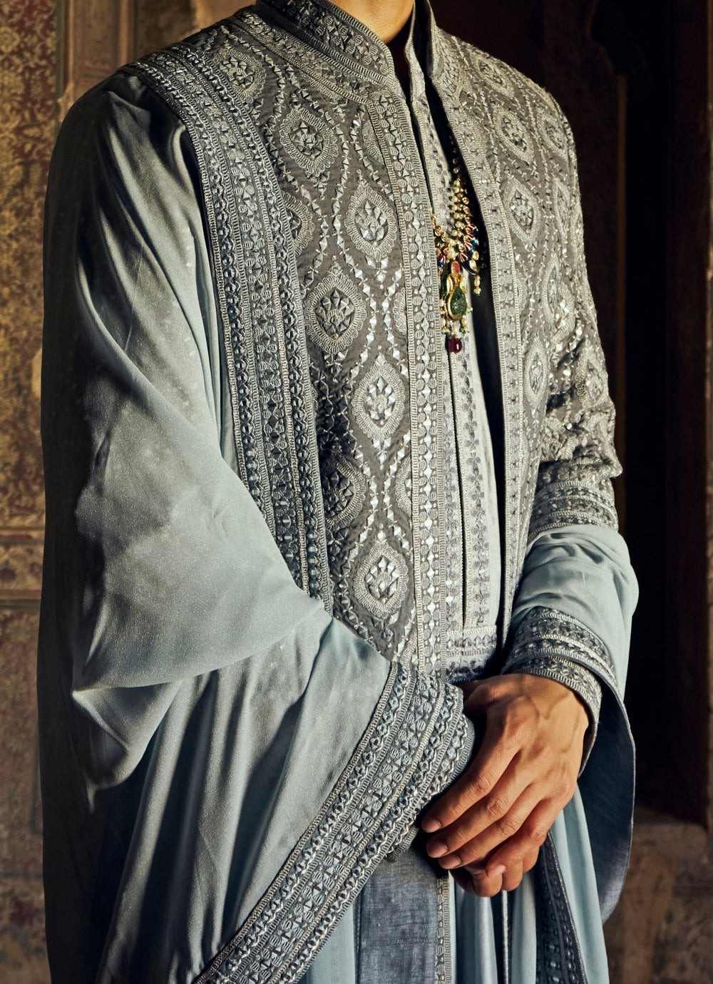 Grey Embroidered Silk Sherwani Nitika Gujral - Men - Fabilicious Fashion