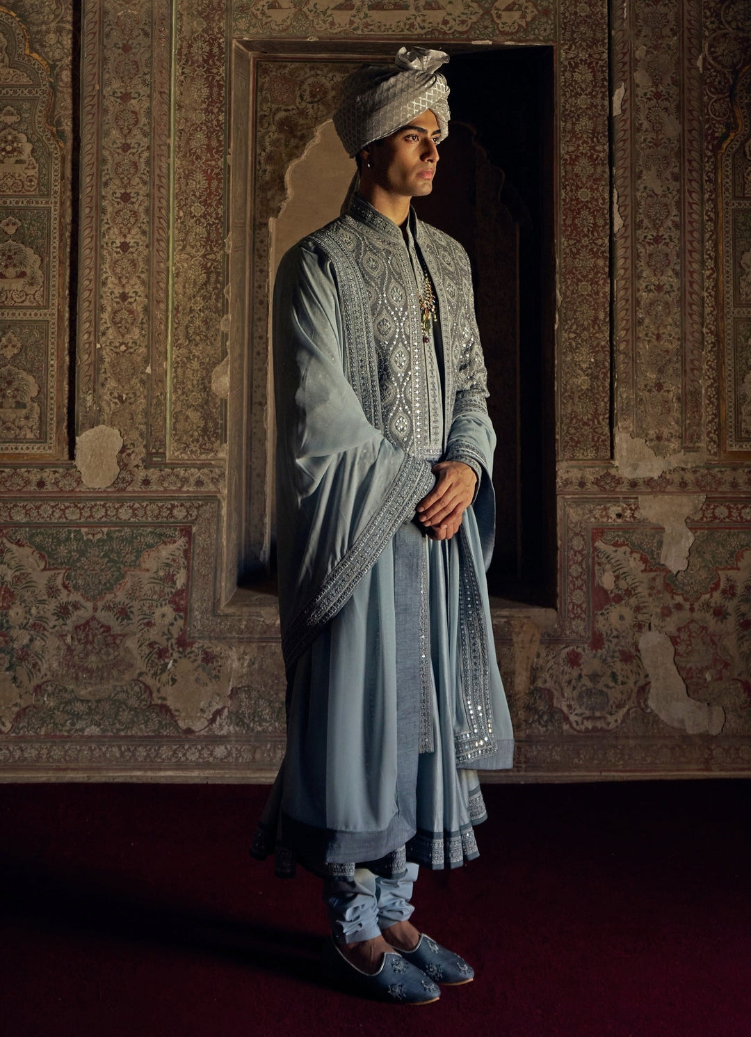 Grey Embroidered Silk Sherwani Nitika Gujral - Men - Fabilicious Fashion