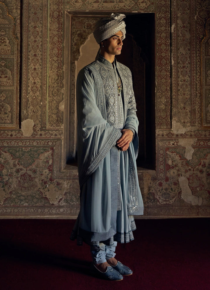 Grey Embroidered Silk Sherwani Nitika Gujral - Men - Fabilicious Fashion