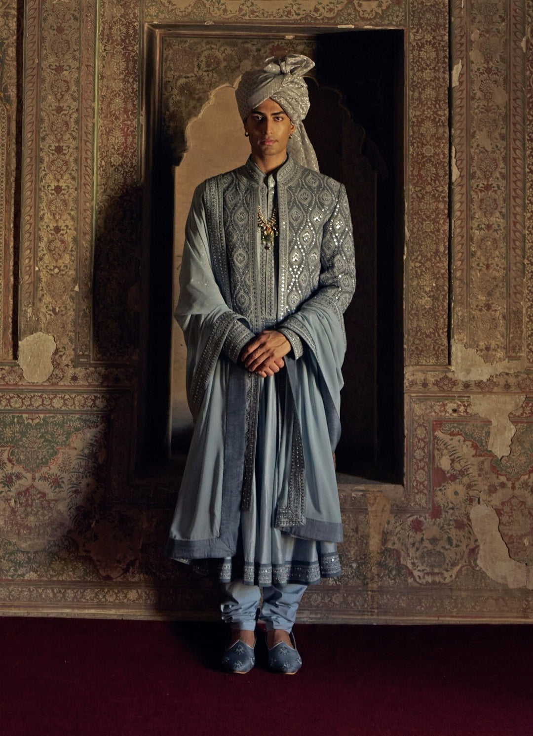 Grey Embroidered Silk Sherwani Nitika Gujral - Men - Fabilicious Fashion