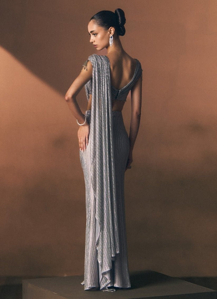 Angad Singh Grey Embroidered Soft Net Pre-Draped SareeFabilicious Fashion