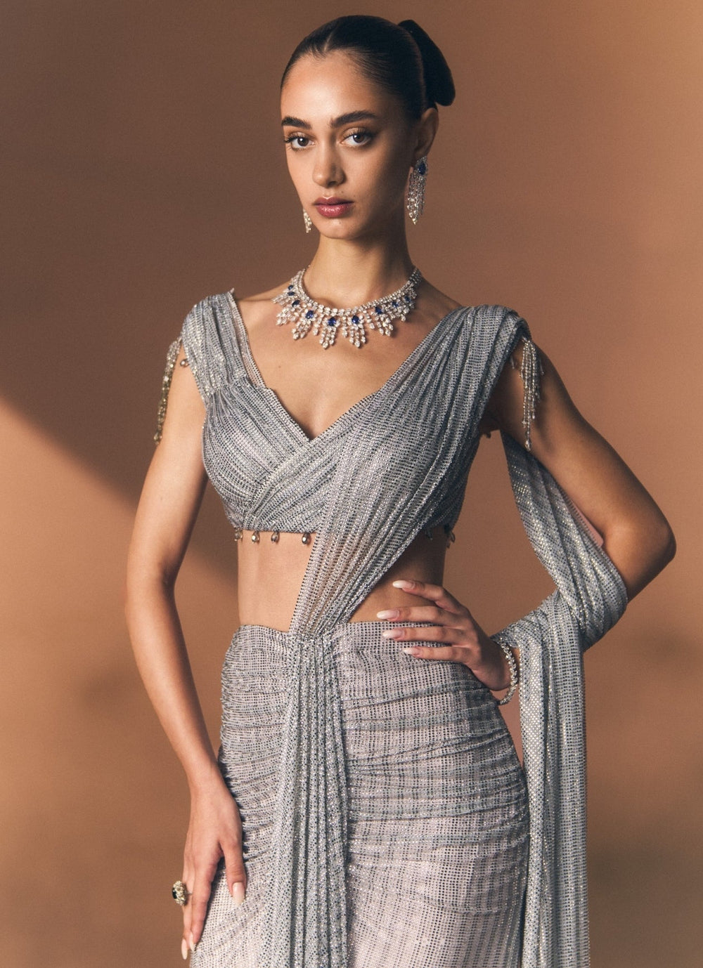 Angad Singh Grey Embroidered Soft Net Pre-Draped SareeFabilicious Fashion
