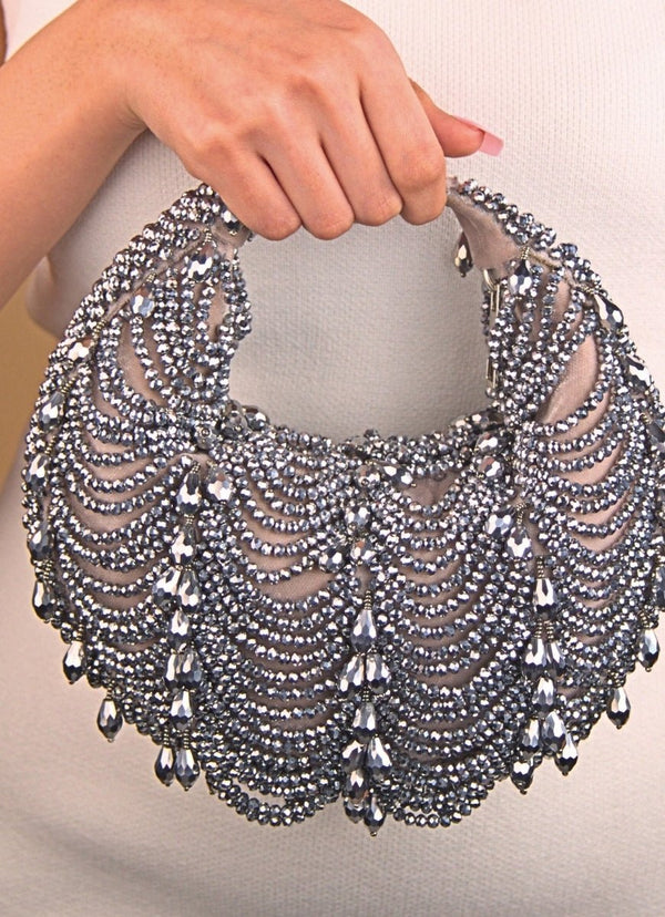 Grey Georgette Embellished Hobo Bag