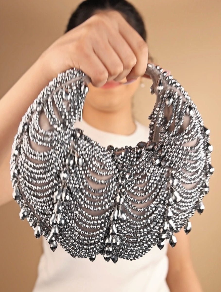 Grey Georgette Embellished Hobo Bag House of Kosha - Fabilicious Fashion