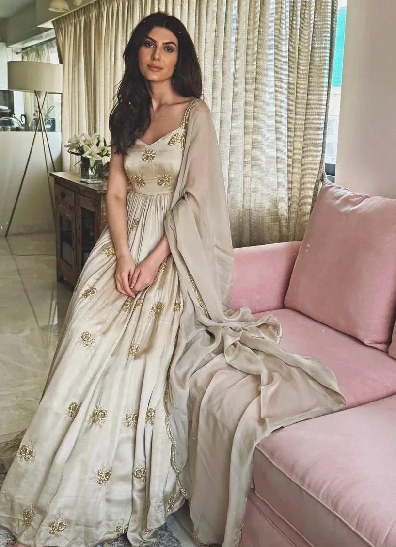 Grey Gold Satin Embroidered Floor - Length Anarkali With Dupatta Ease - Fabilicious Fashion