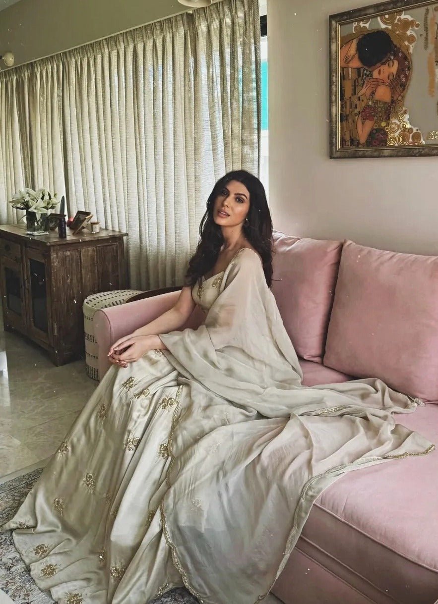 Grey Gold Satin Embroidered Floor - Length Anarkali With Dupatta Ease - Fabilicious Fashion