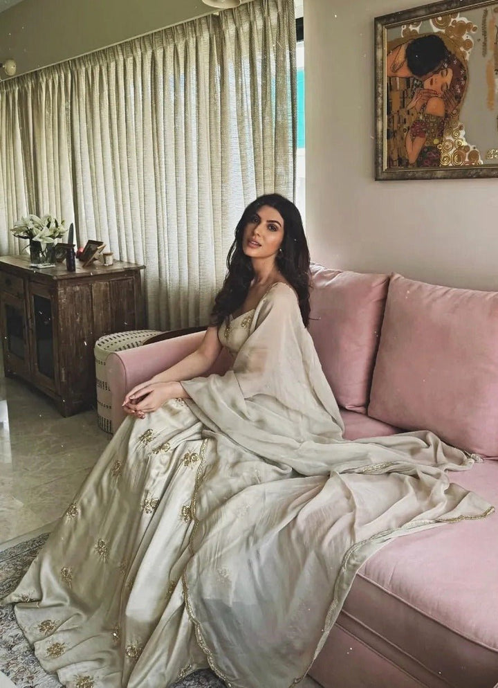 Grey Gold Satin Embroidered Floor - Length Anarkali With Dupatta Ease - Fabilicious Fashion