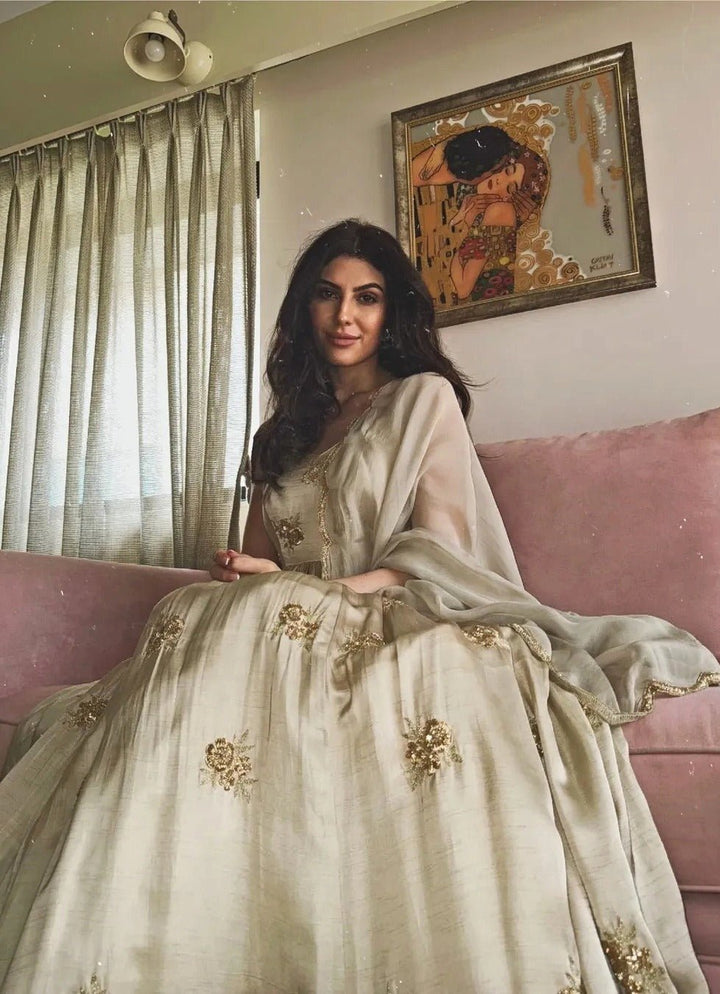 Grey Gold Satin Embroidered Floor - Length Anarkali With Dupatta Ease - Fabilicious Fashion