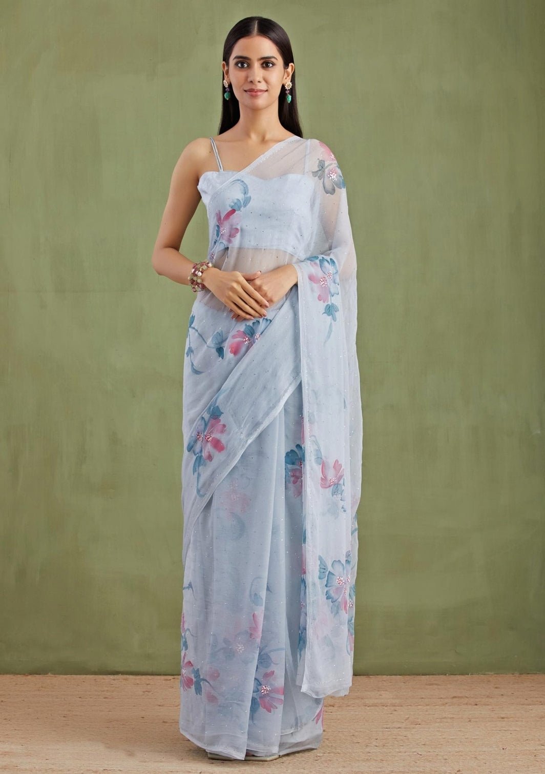 Grey Hand Painted Chiffon Pre - Draped Saree Geroo Jaipur - Fabilicious Fashion