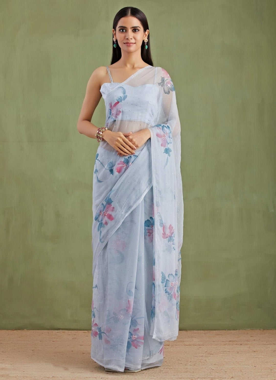 Grey Hand Painted Chiffon Pre - Draped Saree Geroo Jaipur - Fabilicious Fashion