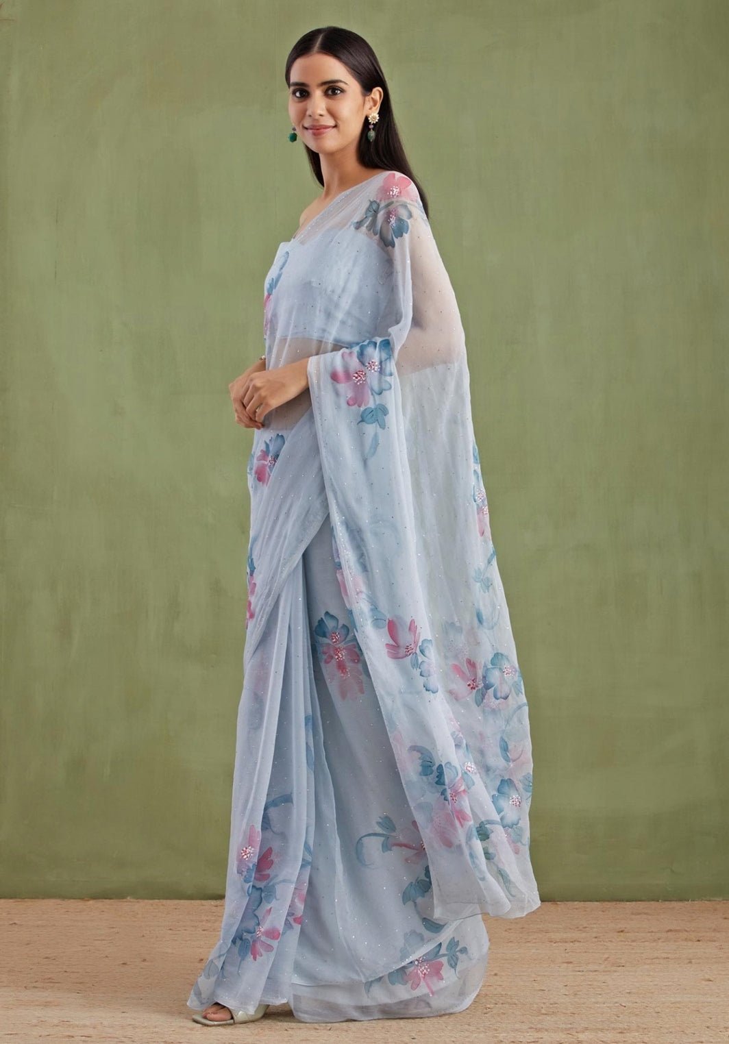 Grey Hand Painted Chiffon Pre - Draped Saree Geroo Jaipur - Fabilicious Fashion