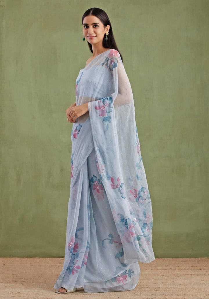 Grey Hand Painted Chiffon Pre - Draped Saree Geroo Jaipur - Fabilicious Fashion