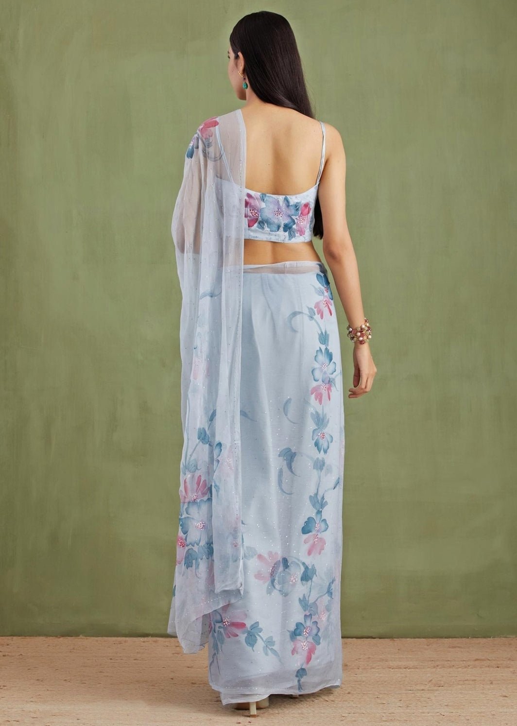 Grey Hand Painted Chiffon Pre - Draped Saree Geroo Jaipur - Fabilicious Fashion