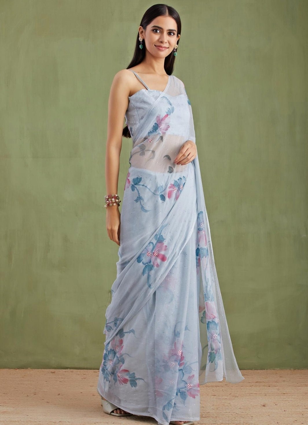 Grey Hand Painted Chiffon Pre - Draped Saree Geroo Jaipur - Fabilicious Fashion