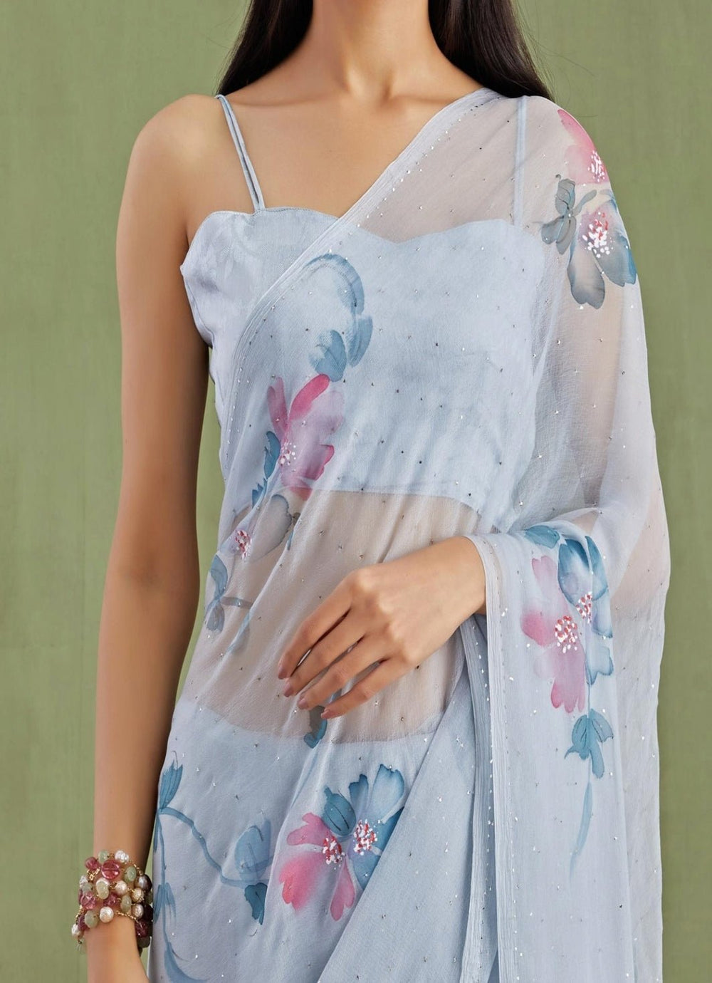 Grey Hand Painted Chiffon Pre - Draped Saree Geroo Jaipur - Fabilicious Fashion