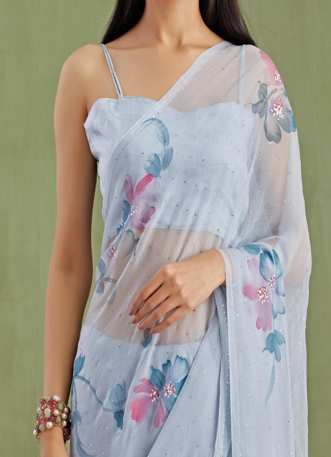 Grey Hand Painted Chiffon Pre - Draped Saree Geroo Jaipur - Fabilicious Fashion
