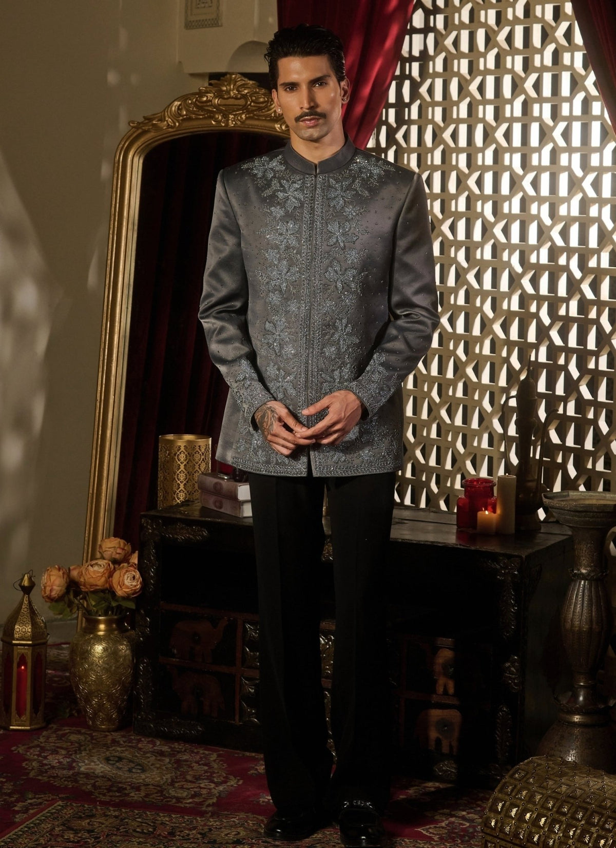 Grey jacquard bandhgala set for men by Contrast by Parth
