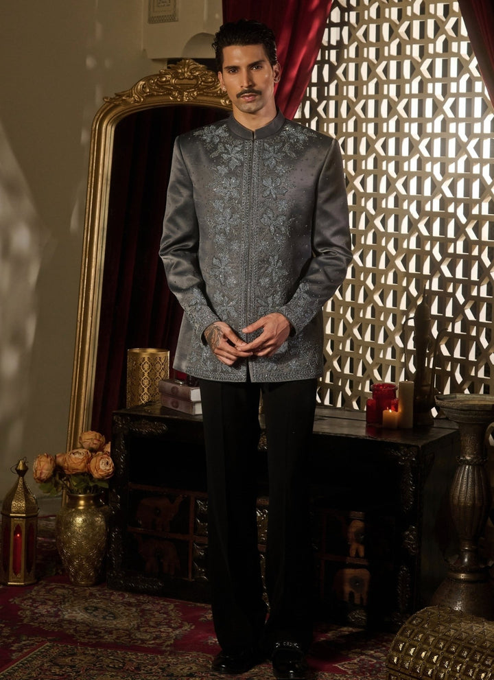 Contrast by Parth Grey Jacquard Bandhgala SetFabilicious Fashion