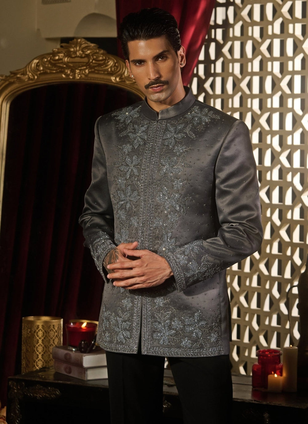 Contrast by Parth Grey Jacquard Bandhgala SetFabilicious Fashion