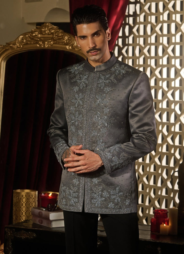 Contrast by Parth Grey Jacquard Bandhgala SetFabilicious Fashion