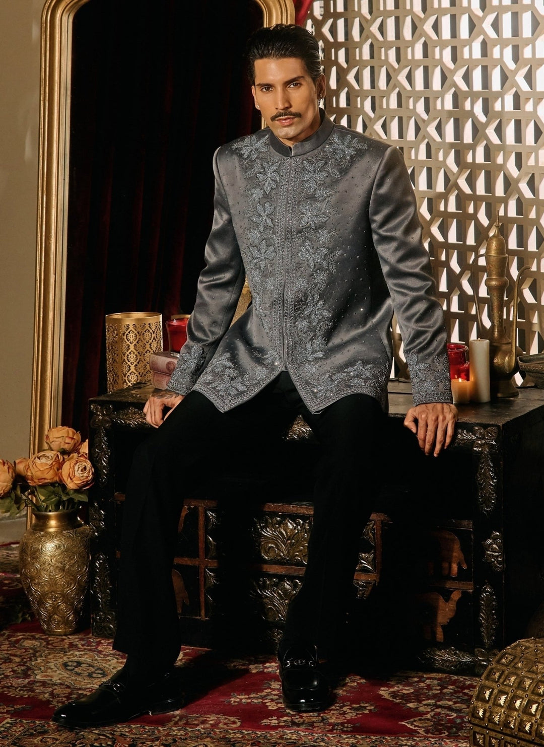 Contrast by Parth Grey Jacquard Bandhgala SetFabilicious Fashion