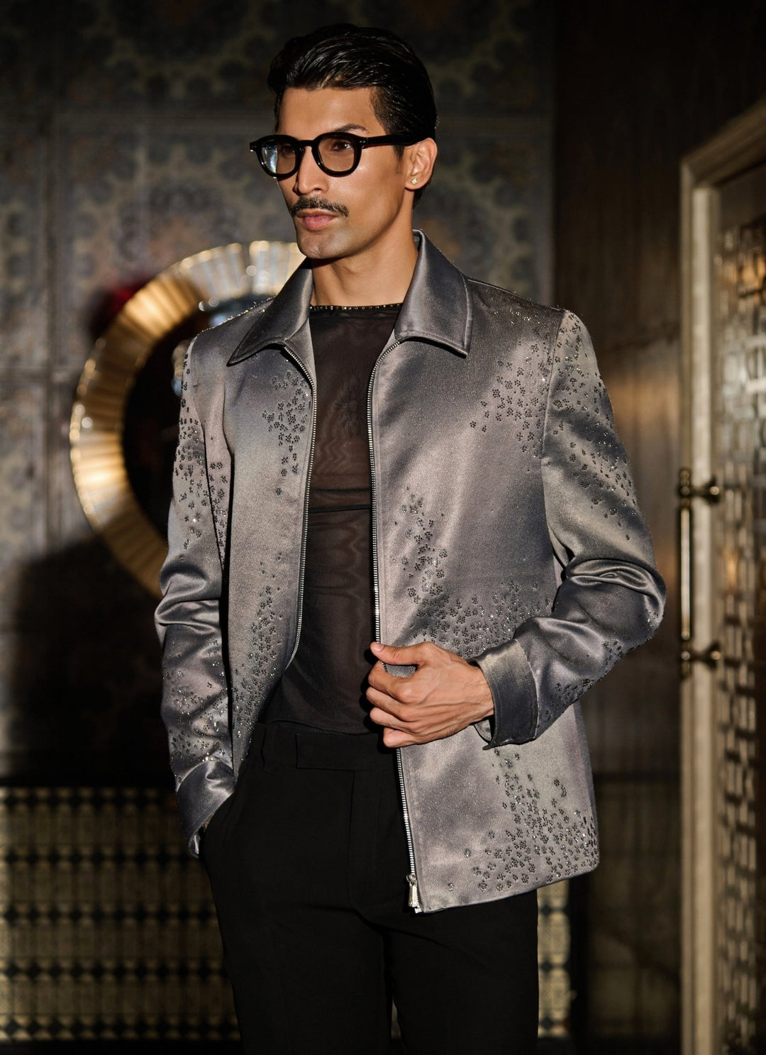 Contrast by Parth Grey Jacquard Bomber Jacket SetFabilicious Fashion