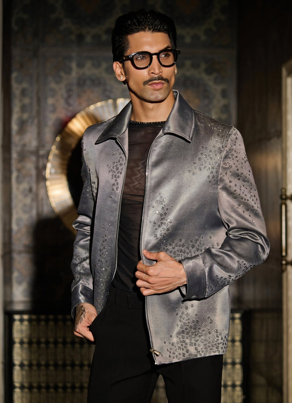 Contrast by Parth Grey Jacquard Bomber Jacket SetFabilicious Fashion