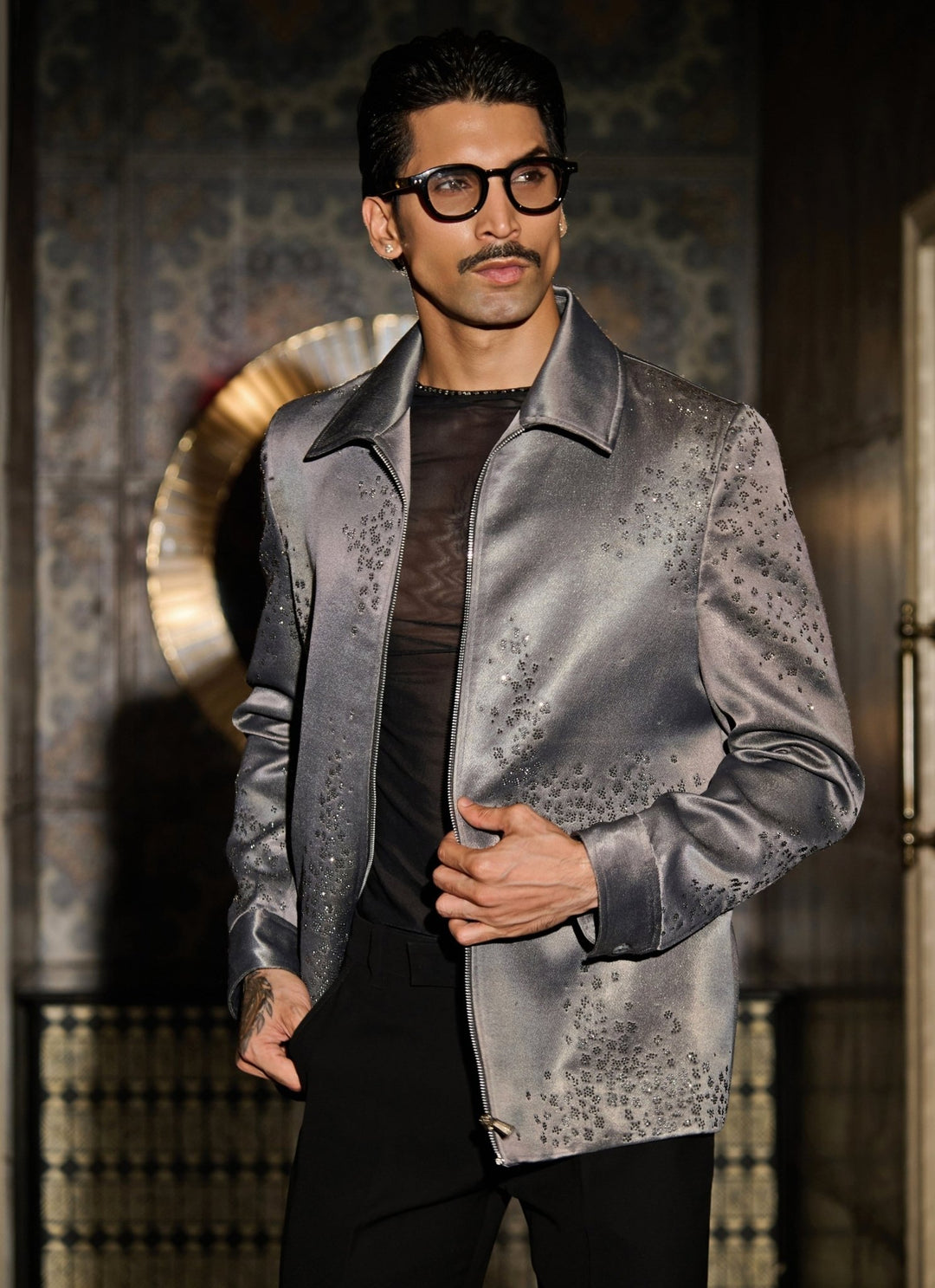 Contrast by Parth Grey Jacquard Bomber Jacket SetFabilicious Fashion