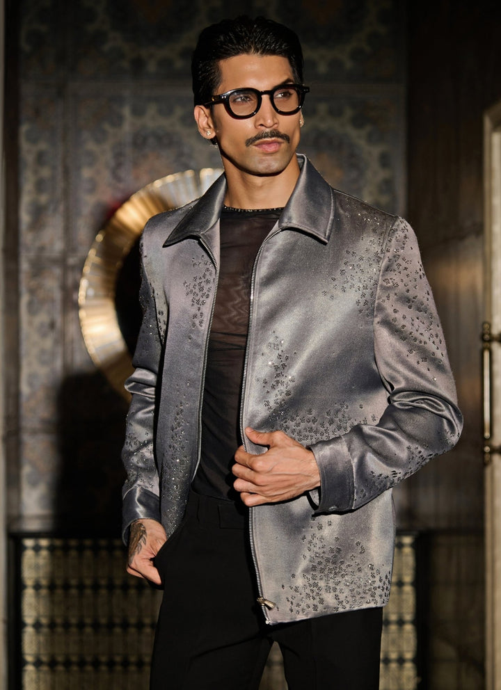 Contrast by Parth Grey Jacquard Bomber Jacket SetFabilicious Fashion