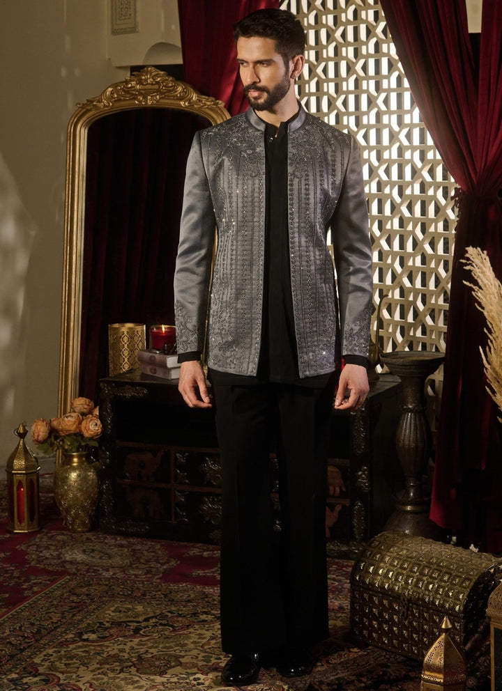 Contrast by Parth Grey Jacquard Short Jacket SetFabilicious Fashion