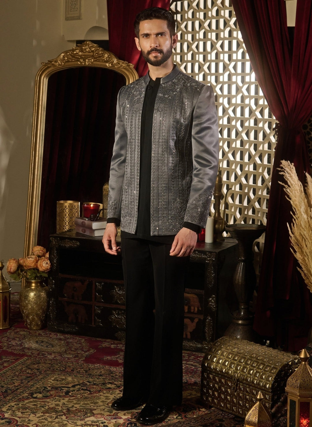 Contrast by Parth Grey Jacquard Short Jacket SetFabilicious Fashion