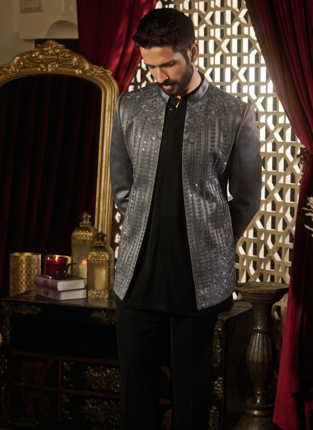 Contrast by Parth Grey Jacquard Short Jacket SetFabilicious Fashion