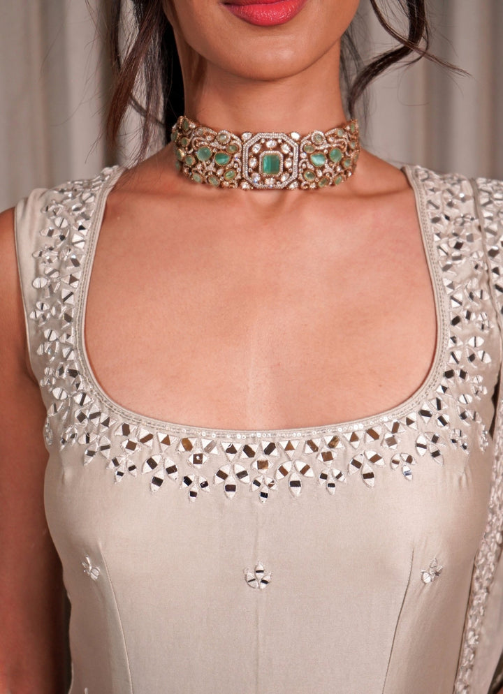 Grey Mirror Embroidered Chanderi Kurta Pants Set Esha Koul - Fabilicious Fashion