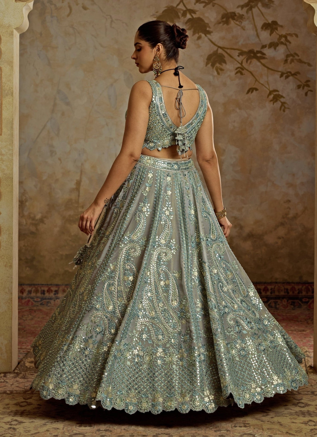 Grey Mirror Embroidered Tissue Lehenga Suhino - Fabilicious Fashion