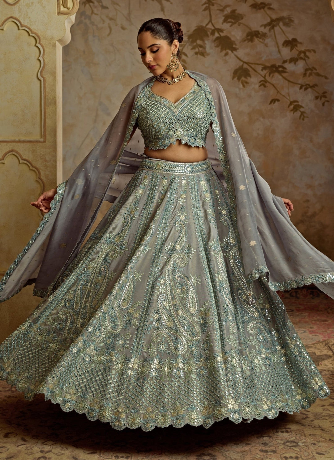 Grey Mirror Embroidered Tissue Lehenga Suhino - Fabilicious Fashion