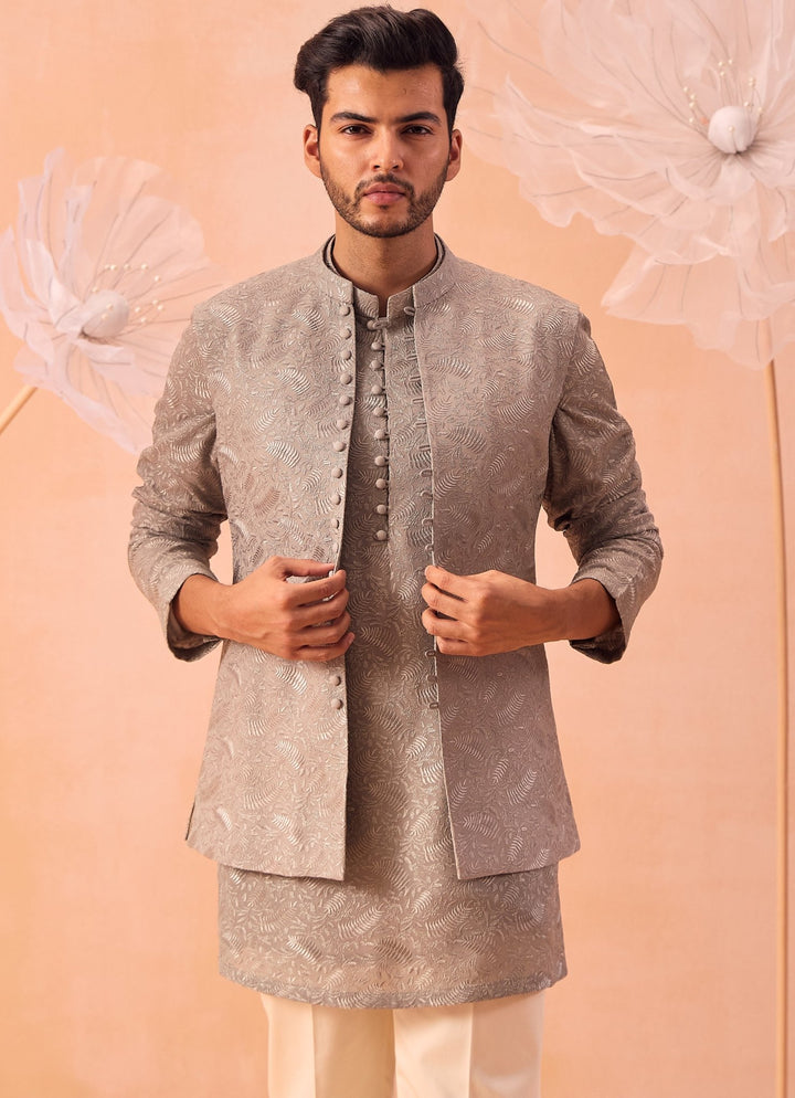 Grey Nehru Open Jacket Kurta Set Contrast by Parth - Fabilicious Fashion