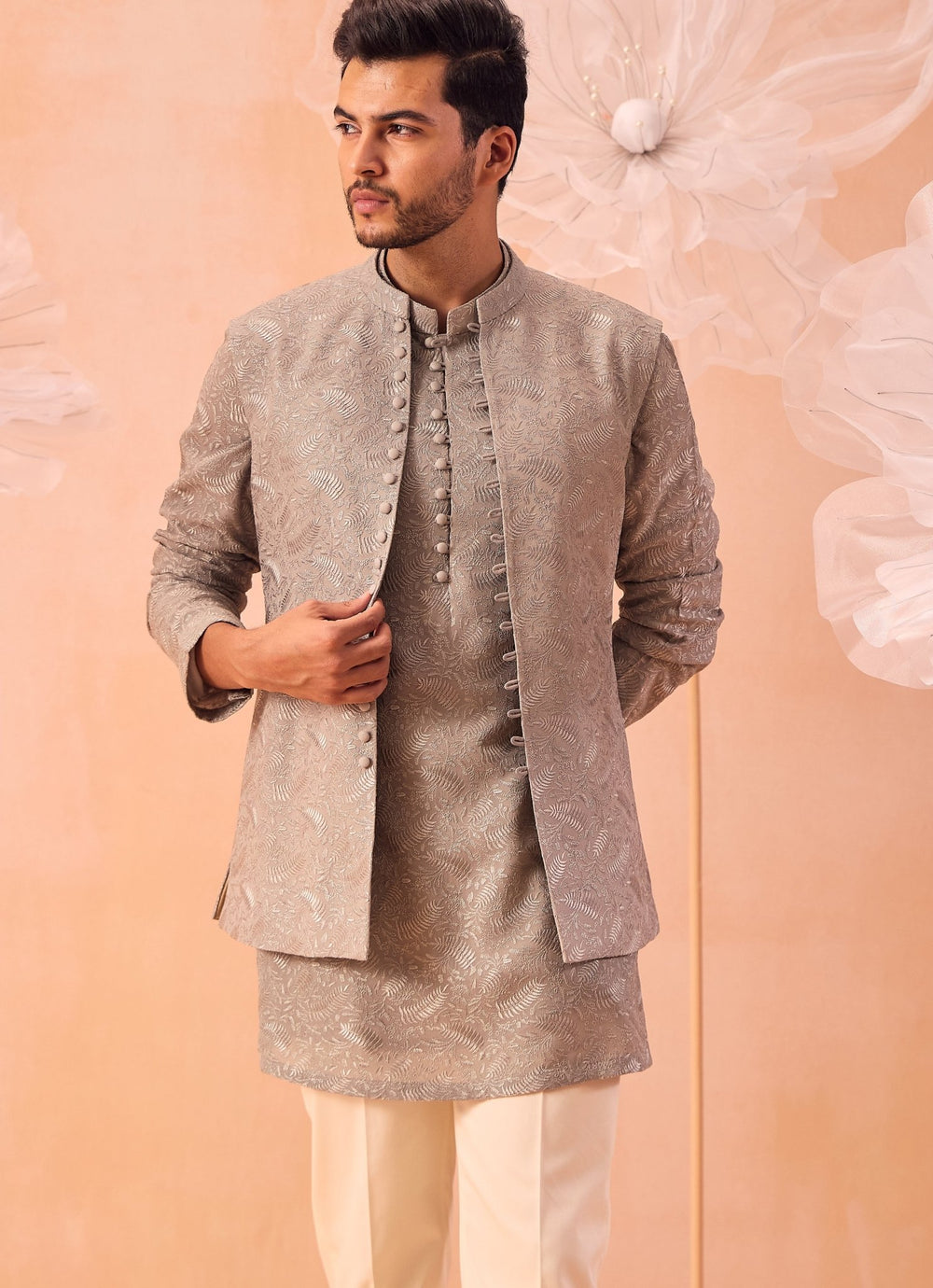Grey Nehru Open Jacket Kurta Set Contrast by Parth - Fabilicious Fashion