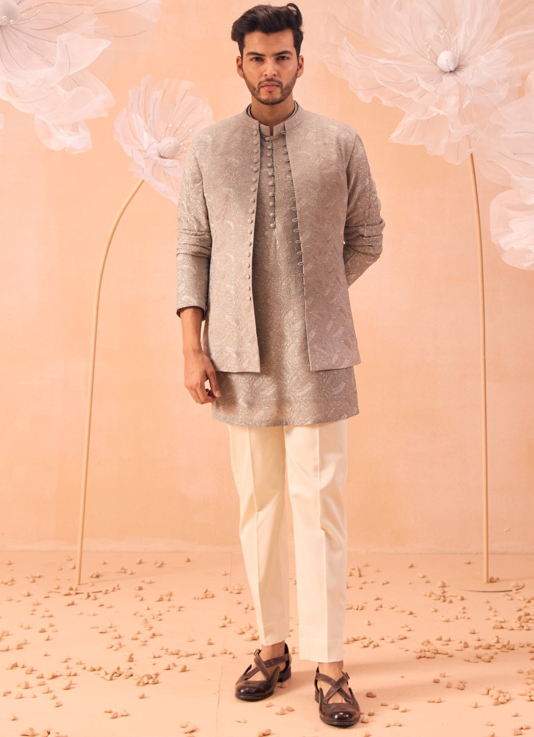 Grey Nehru Open Jacket Kurta Set Contrast by Parth - Fabilicious Fashion