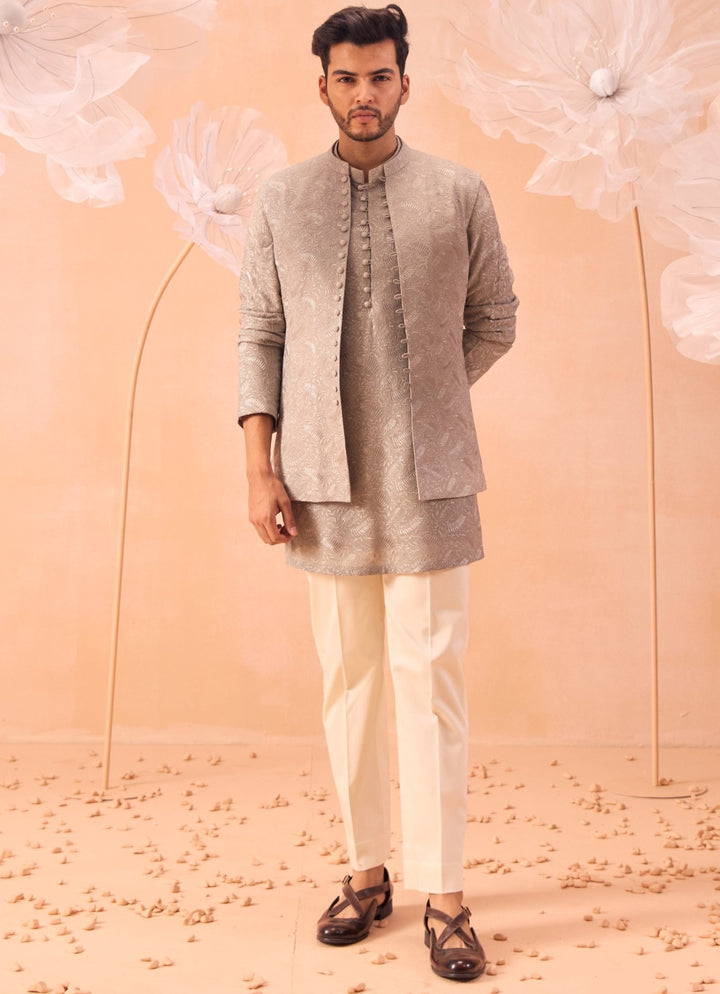 Grey Nehru Open Jacket Kurta Set Contrast by Parth - Fabilicious Fashion